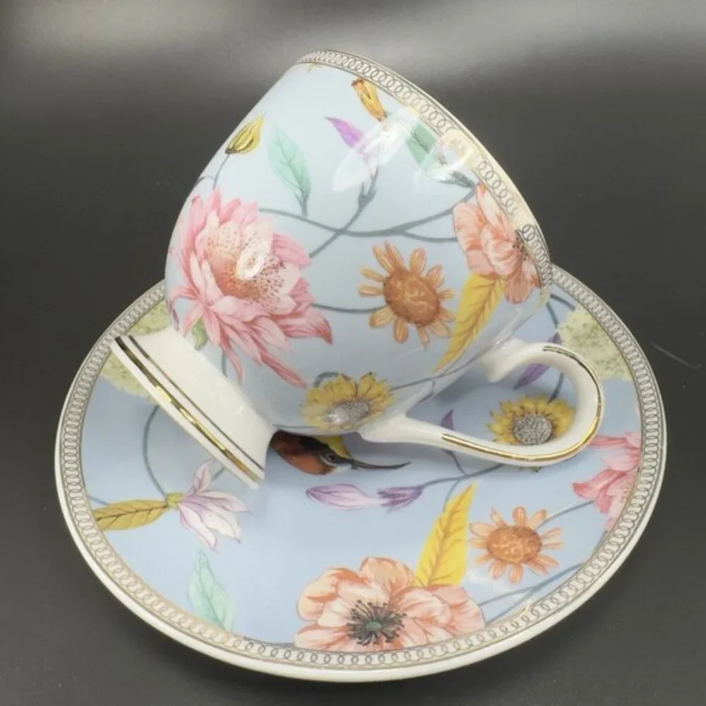 Shabby Chic Fine Porcelain Teacup And Saucer‎ Set Tea Cup Plate Blue Floral Bird